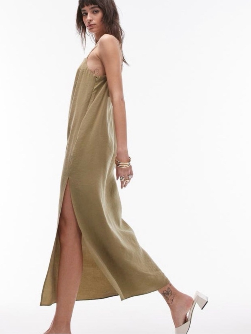 Top Shop Topshop size 14 elegant Olive Green Slip Maxi Dress Side Slit tie strap